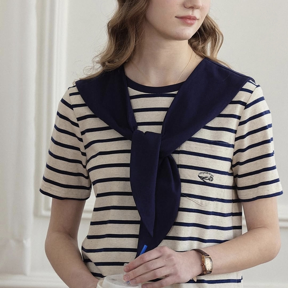 Simple Retro Striped Navy and Cream T-Shirt